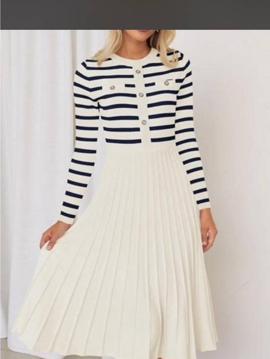 Zesica Dresses & Skirts - Striped Navy & White Pleated Midi Dress